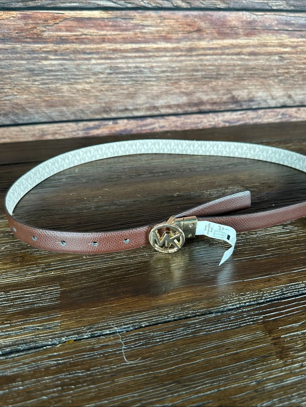 Michael Kors White Logo Slim Reversible Belt with Gold MK Buckle